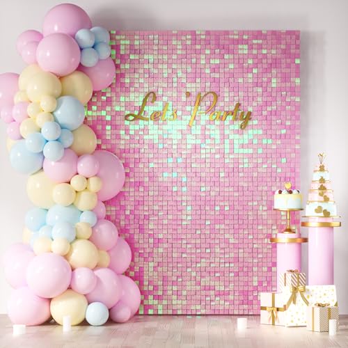 Image of COKAOBE Iridescent Pink Shimmer Wall Backdrop, 24PCS Square Sequin Shimmer Backdrop Panel, Photo Backdrops for Birthday, Anniversary, Wedding, Graduation & Bachelorette Party Decoration
