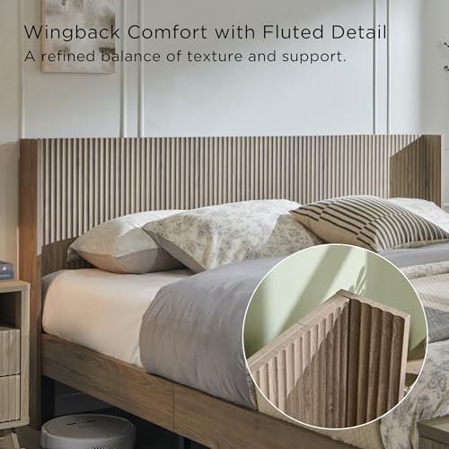 T4TREAM Fluted King Size Bed Frame with Wingback Headboard, Footboard Storage Bench with Built-in Drawers & Lift-Up Compartments, Wood & Steel Platform Bed, No Box Spring Needed, Grey Alder
