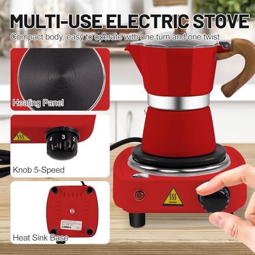 Image of 2-in-1 Moka Pot Espresso Set with Electric Stove 3 Cup Aluminum Stovetop Coffee Maker Percolator Italian Classic Mocha Coffee Machine for Italian and Cuban Cafe Brewing Portable Camping Red