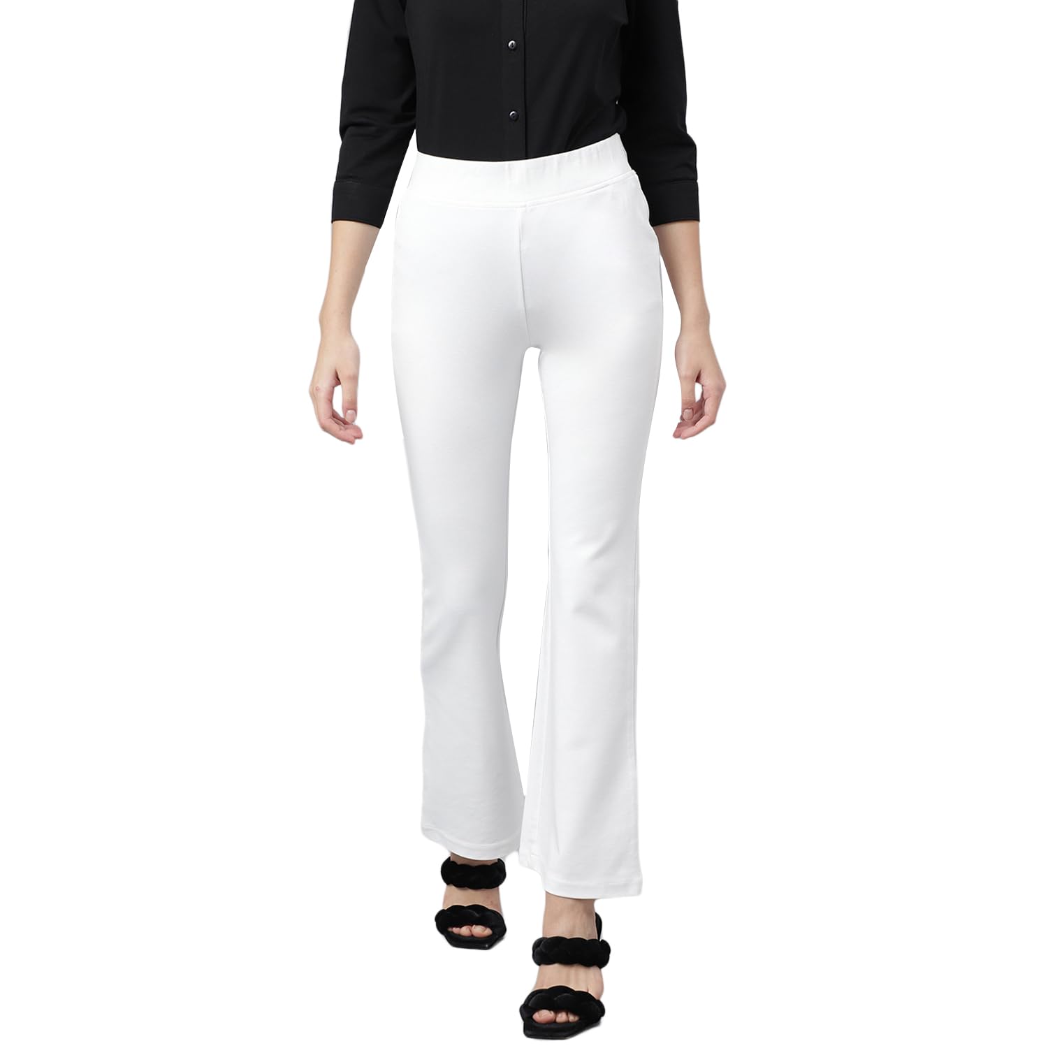 XPOSEWomen White Solid Regular-fit Trousers with Flared Hem, has an Elasticated Waistband with Slip-on Closure and Four Pockets