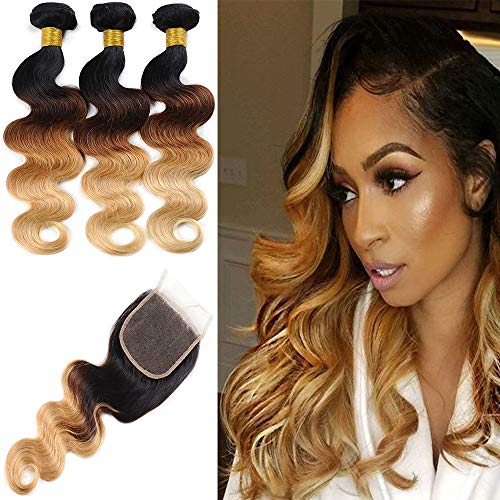 Ombre Hair Bundles with Closure 3 Tone Ombre Brazilian Body Wave Bundles with Lace Closure (10 12 14 + 8 inch) 100% Human Hair Bundles Unprocessed Virgin Hair