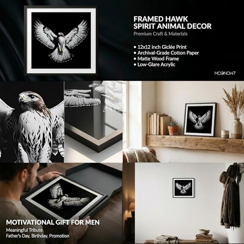 Striking Framed Hawk Wall Art, Black & White Bird of Prey Poster, 12x12 In — view 3