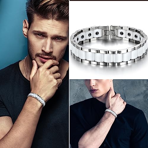 OIDEA Mens Bracelet Gift for Dad Father - 13MM Wide Watch Band Stainless Steel Link Bracelet Two-Tone White Ceramic Bracelet Jewelry with Gift Box, 8.1Inch2