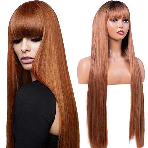 Sylhair Long Wig with Bangs 32 Inch Honey Blond Straight Wigs for Black Women