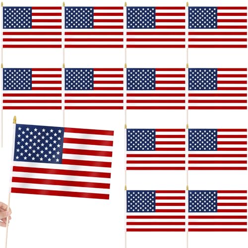 8 x 12 Inches Small American Flags on Stick 12PCS 4th of July Flag USA 250th Anniversary Patriotic Design Tear-resistant USA Flags for Independence Day Fourth of July Decorations Veterans Day Decor