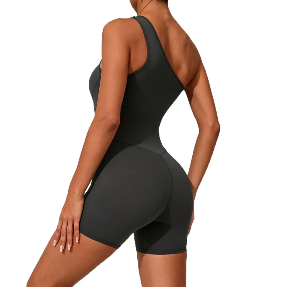 Damski Kombinezon Sportowy Na Jedno Ramię Yoga Push Up Krótki Strój Fitness z Wyjmowanymi Wkładkami(M, Carbon Gray)