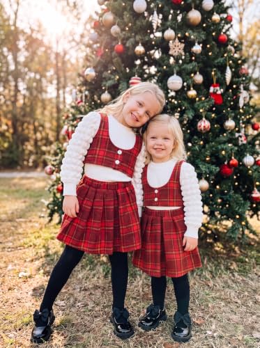 Image of Toddler Girls Fall Winter Outfits Girls Puff Sleeve Knit Ribbed Tops Button Down Vest Plaid Skirt Set Fall Clothes