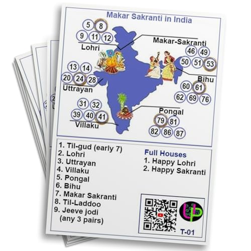 Image of Makar Sankranti Theme Tambola Tickets - India Map Theme | English | Bingo Housie Game for Festive Celebrations | Fun for Kitty Party, Family and Friends Gatherings (Set of 15 Tickets)