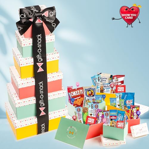 Image of Gift A Snack - Tower Snack Box Variety Pack Care Package + Greeting Card (40 Count) Birthday Sweet Treats Gift Basket, Candies Chips Crackers Office Food Assortments