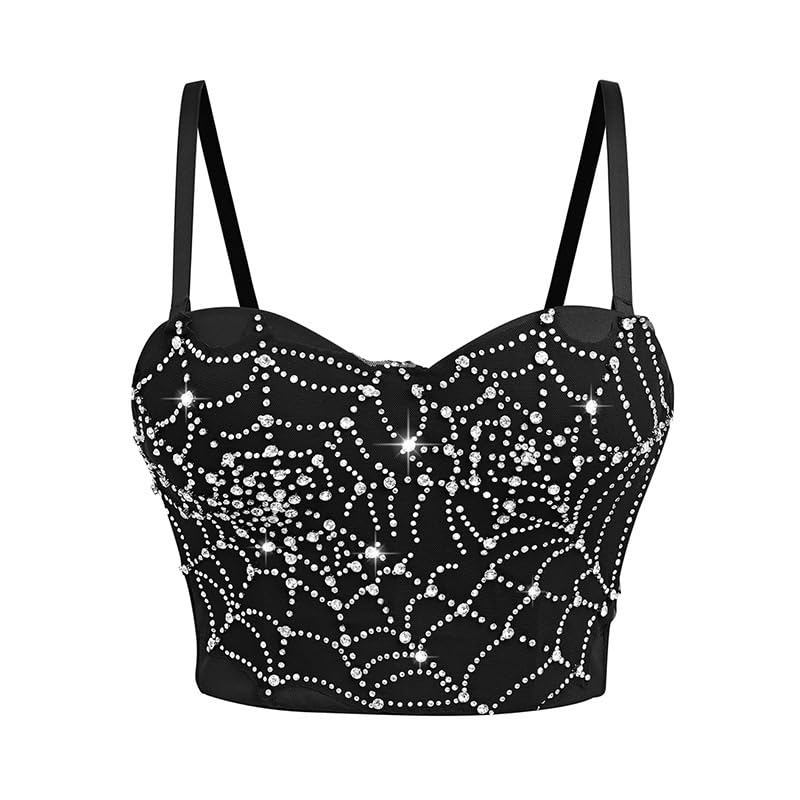 Women's Spiderweb Rhinestone Bustier Top - Halloween Cami Top