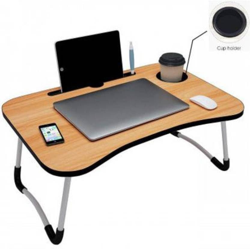 Image of YAJNAS Beige Wooden Multipurpose Foldable Laptop Table with Cup & Tab Holder | Study, Breakfast, Work Table | 380 mm