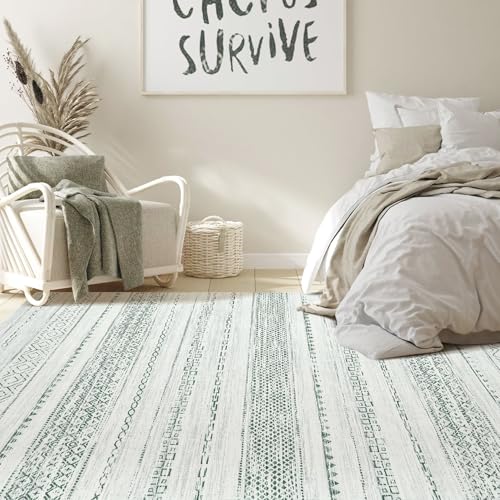 Nakagishi Green Rug Living Room 5x8: Washable Boho Large Neutral Farmhouse Soft Area Rugs Modern Stain Resistant Moroccan Indoor Non-Slip Floor Carpet for Bedroom Nursery Kids Playroom Office