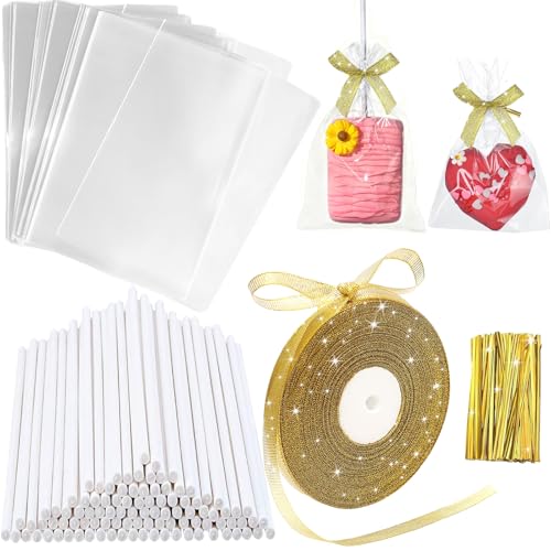 301PCS Cake Pop Sticks and Wrappers Kit Clear Rice Crispy Treat Bags 4x6in