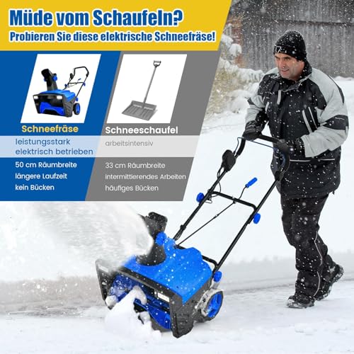 FANTASK Elektro-Schneefräse mit LED-Leuchten & 15 A Motor, 50 cm Arbeitsbreite, 25 cm Arbeitshöhe, kabelgebundene Räumungsmaschine mit 180° drehbarer Rutsche & 9 m Wurfweite (Blau)