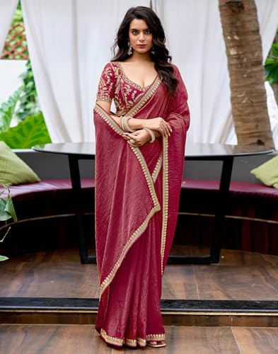 Image of SIRIL Women's Shimmer Silk Sequence Embroidery Lace two Tone Saree With Embroidery Unstitched Blouse Piece
