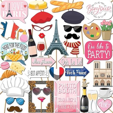Paris Photo Booth Props - 41-pc Photobooth Kit with 8 x 10-Inch Sign, 60 Adhesive Pads, 45 Sticks - Paris Themed Party Decorations - French Themed Party Decorations Cover