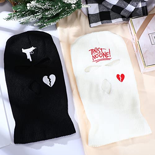 2 Pcs 3 Hole Ski Mask Winter Balaclava Warm Full Face Knit Mask Ski Hat Mask Knitted Full Face Cover For Men And Women (White, Black, Heart Style) #TOP3