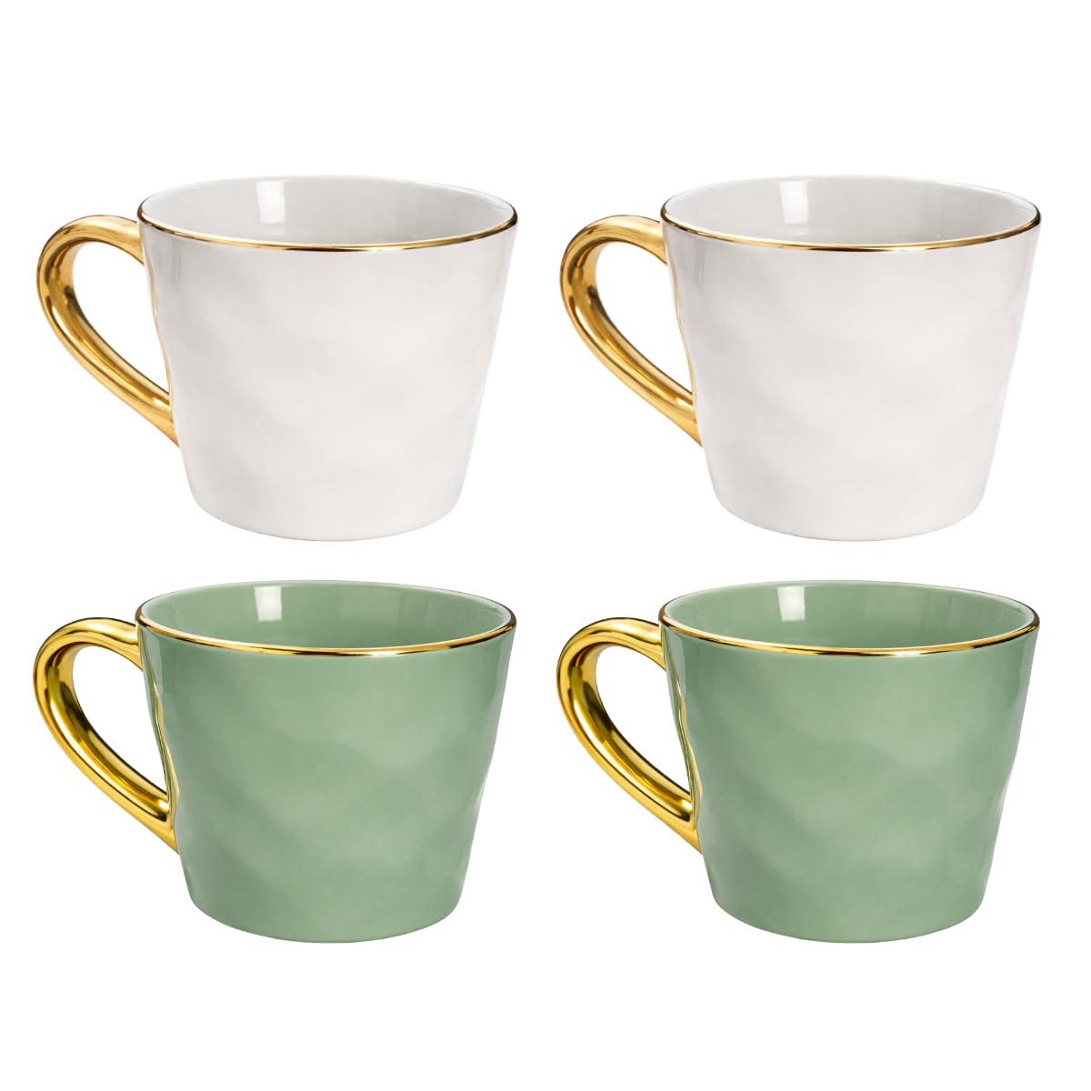 YöL Set of 4 Hammered Finish Mugs 370ml – 2 Green and 2 Grey Stoneware Coffee Cups with Textured Design and Comfortable Gold Glazed Handle – Modern Tea and Hot Chocolate Mug Set