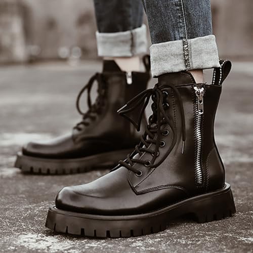 Men's Black Leather Platform Lace-up Combat Boots Retro Round Toe Side Zip Chunky Heel Non-Slip Lug Sole High Top Motorcycle Boots3