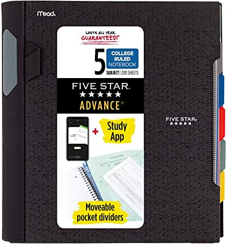 Five Star Advance Spiral Notebook Plus Study App, 5 Subject, College Ruled Paper, 11" x 8-1/2", 200 Sheets, With Spiral Guard and Movable Dividers, Black, 1 Count (73144)