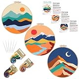 Louise Maelys 3 Set Landscape Embroidery Kits for Beginners,Cross Stitch Kit for Adults,DIY Needlepoint with Mountain Sun Moon Pattern