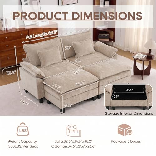 Image of IPKIG 82.3 inch Modular Cloud Couch with Storage, U Shaped Sectional Sofa with Ottoman & Pillow, Chenille Deep Seat Sectional Couches for Living Room, Apartment, Khaki