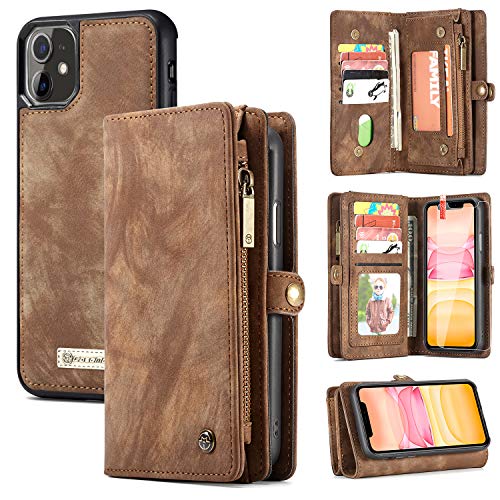 Review Zttopo iPhone 11 Wallet Case, 2 in 1 Leather Zipper Detachable Magnetic 11 Card Slots Card Slots Money Pocket Clutch Cover with Screen Protector for 6.1 Inch iPhone Case (Brown)