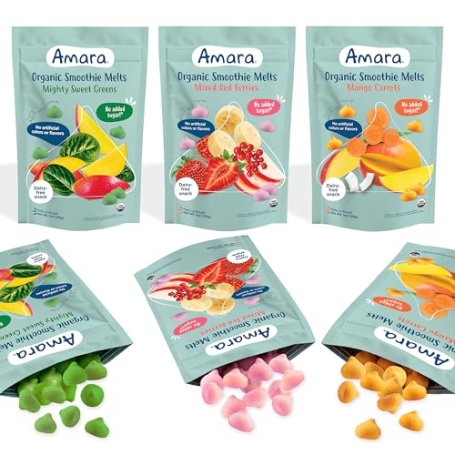 Amara Smoothie Melts - Best Sellers Variety Pack - Baby Snacks Made With Fruits and Vegetables - Healthy Toddler Snacks For Your Kids Lunch Box - Organic Plant Based Yogurt Melts - 6 Packs