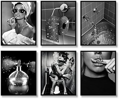 Fashion Wall Art Bathroom Wall Decor Prints Set of 6 Black and White Glam Glitter Canvas Posters Photos Pictures Bathroom Artwork Wall Modern Women Funny Bathroom Decoration (Black&White, 8"x10" UNFRAMED)