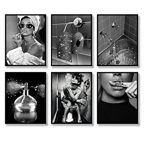 Fashion Wall Art Bathroom Wall Decor Prints Set Of 6 Black And White Glam Glitter Canvas Posters Photos Pictures Bathroom Artwork Wall Modern Women Funny Bathroom Decoration (Black&White, 8"X10" Unframed) #TOP2