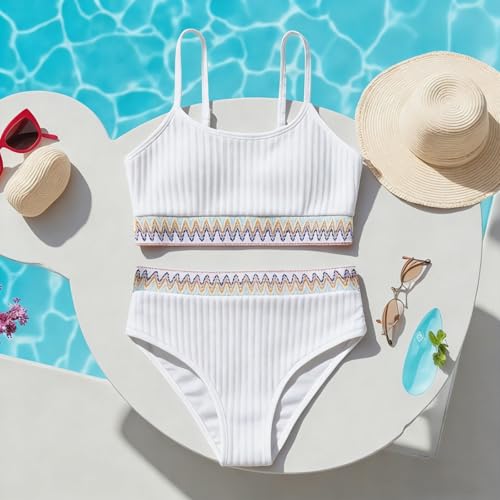 Image of Girls Swimsuit Two Piece Teen Bathing Suit High Waist Textured Bikini Set Woven Girls Swimwear 9-16Y