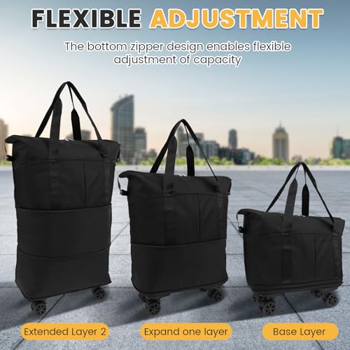 Rolling Luggage Bag Expandable Foldable Duffle Bag with Wheels Large Capacity Carry On Travel Bag Portable Rolling Duffle Bag with Wheels Multipurpose Large Weekend Bag for Men Women US(black)2