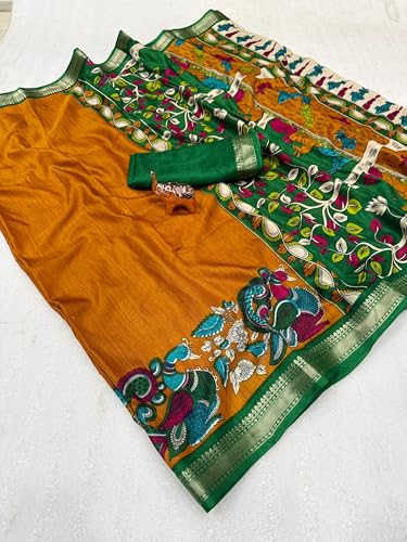 Image of Kalamkari Floral Prints Dola Silk Saree With Rich Zari Border Designer Pallu Attach Blouse Piece