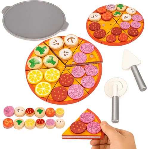 Toyana Wooden Pizza Toy - 30 Piece Pretend Play Pizza Toy with Velcro Slices Removable Toppings Play Food Cutting Kitchen Cooking Simulation Playset Gift for Children Ages 3+