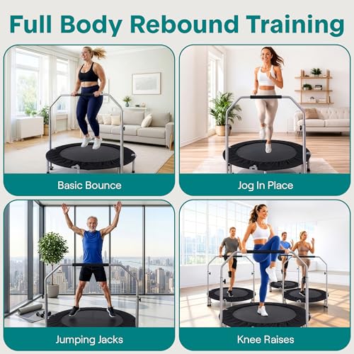 Image of SereneLife 40 inch Foldable Mini Trampoline for Adults - Compact Fitness Rebounder with Adjustable Foam Handle, Exercise Trampoline with Max Load 330lbs, Indoor /Garden Whole-Body Workout