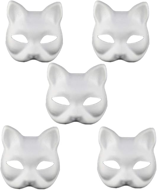 EXCEART 5 Pcs DIY White Paper Mask Fox Cat Face Pulp Blank Hand Painted Mask Personality Design Mask for Dance Party Festival Performance White