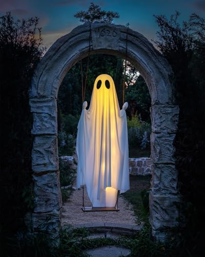 MERKYOM Halloween Decorations Outdoor - 5 FT Large Hanging Swing Ghost Halloween Decor with String Lights の商品画像 3