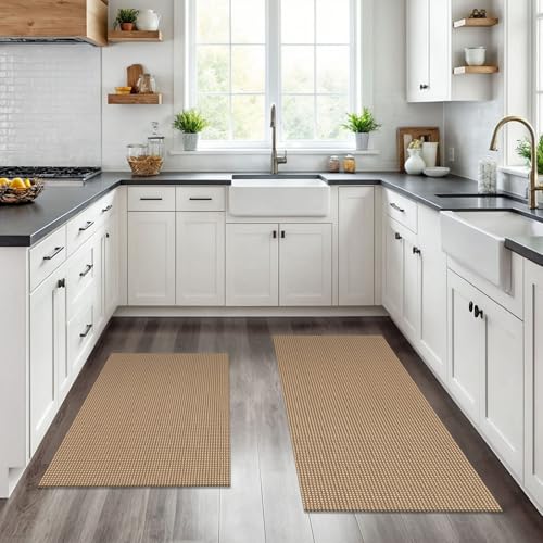 KOZYFLY Area Rug Runner Sets of 2 Pcs 2x3 and 2x6 Washable Kitchen Rugs Non Slip Rubber Backed Hallway Rug Woven Cotton Entrance Rugs for Front Porch Bathroom Kitchen Bedroom, Tan/Orange/Brown