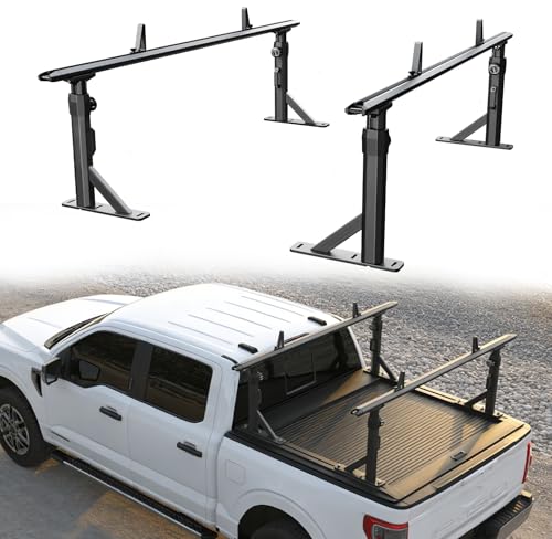 Image of TRUMGETA Adjustable Aluminum Truck Ladder Rack Fit for F150 Silverado Ram Sierra Compatible with T-Slot Tonneau Covers, No Drill Installation, Heavy Duty 1100 LBS, Truck Bed Rack for Ladders, Kayaks