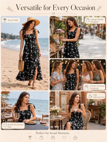 Image of BROVAVE Women Summer Floral Dress: Casual Square Neck Flowy Boho Beach Midi Sundress Sleeveless Tie Shoulder Vacation Daily