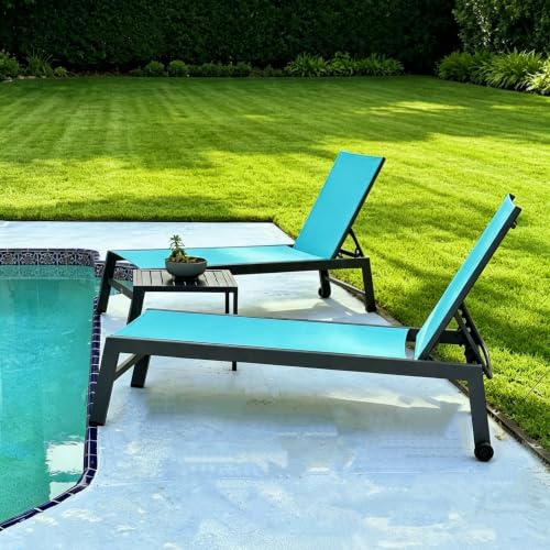 Image of PURPLE LEAF Pool Chaise Lounge 4 Pieces w /Wheels, Textilene Turquoise Blue | Rustproof Aluminum Frame, 5-Position Reclining Back, Easy-Clean, All-Weather Durable, UV-Blocked Fabric, Side Table Include