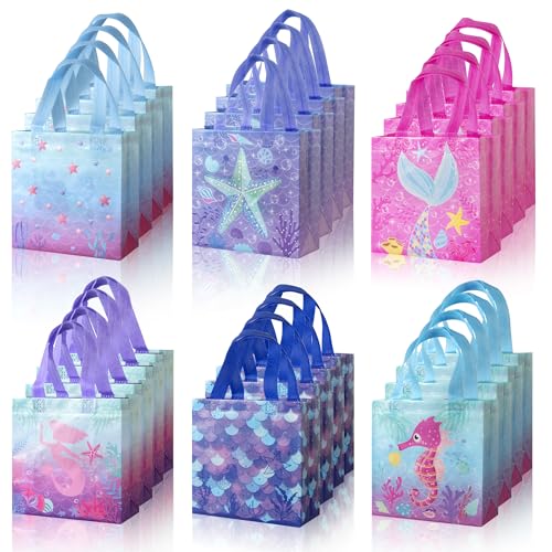 24 Pcs Non-Woven Mermaid Party Favor Bags,Mermaid Goodie Gift Bags with Handles, Perfect for mermaid birthday party decorations,Under the sea party favors for weddings and baby shower