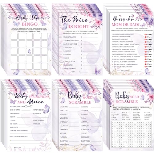 Image of Jetec 302 Pcs Butterfly Theme Baby Shower Games, 6 Games, 50 Sheets Each, Baby Shower, Word Scramble, Word Search, Predictions and Advice, the Price is Right