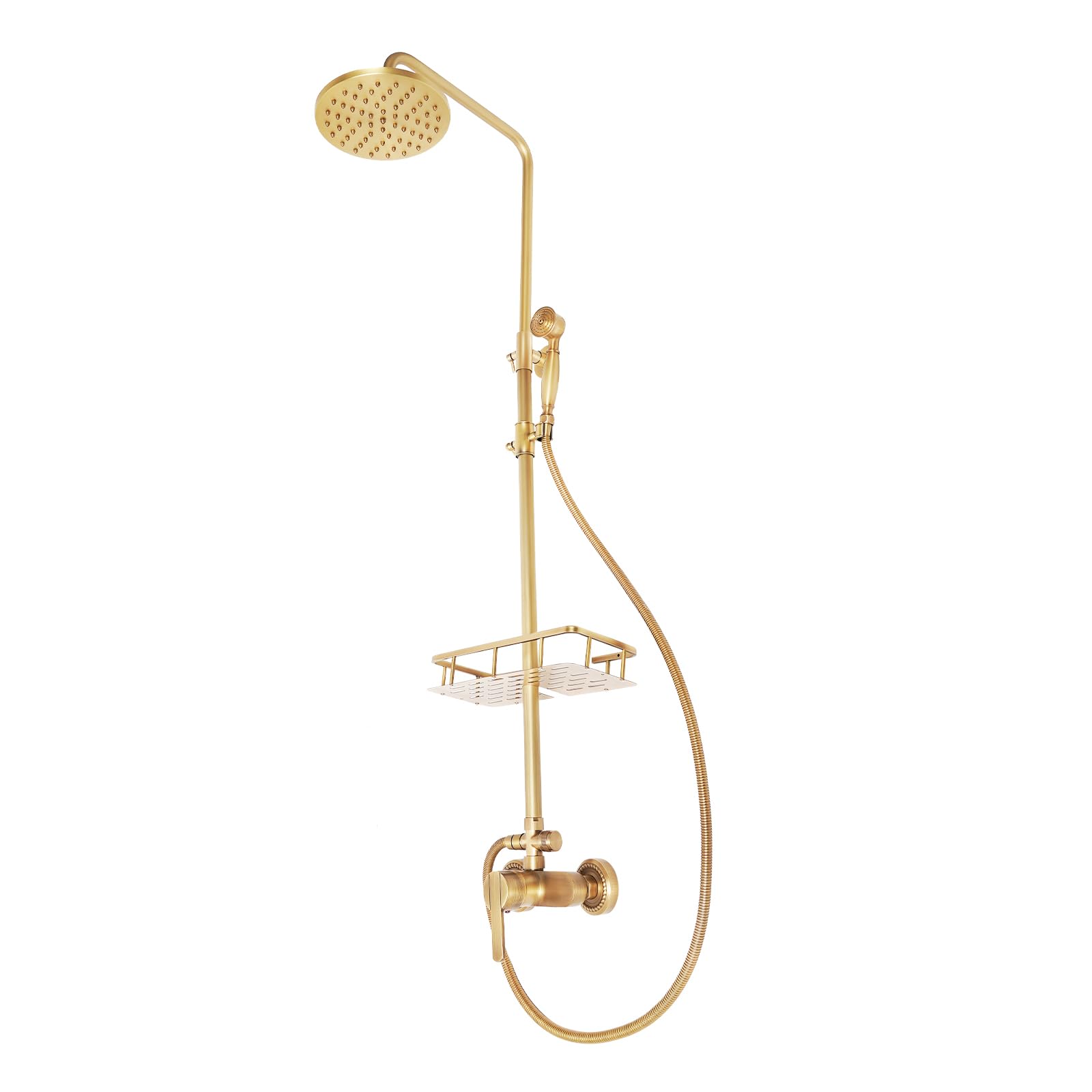 Sistema doccia a pioggia con ripiano, set doccia in acciaio inox, con rotazione a 360 gradi, completo di soffione doccia rotondo e asta doccia, finitura vintage oro (20 x 20 cm)