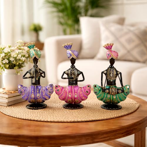 Image of CraftVatika Handmade Metal Iron Sitting Musician Set of 3 Playing Musical Instrument Idol Handpainted Figurine Showpiece for Home Decor, Multicolor (9 Inches Height)