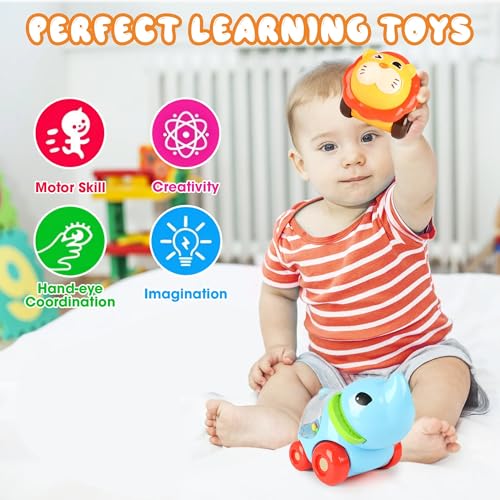 Image of ToyBharat Pop Pop Lion and Elephant (Set of 2) Free Wheel Toy Features Vibrant Multicolour Designs and Smooth Battery-Free Rolling Action. Perfect for Kids Ages 1 to 6, Active Play