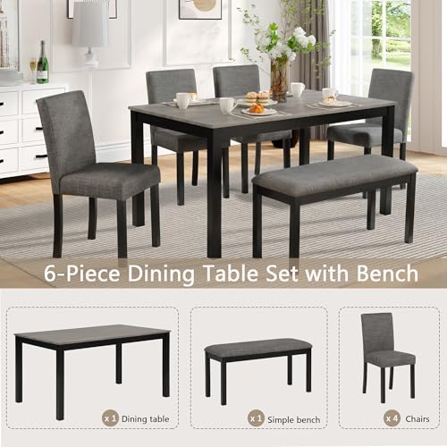 Image of KEIKI 6-Piece Standard Height Dining Table Set with Rectangular Table, 4 Upholstered Curved Backrset Chair, Bench, for 6 Person, Modern Table Set, Easy Assembly, for Kitchen, Dining Room, Black+Gray