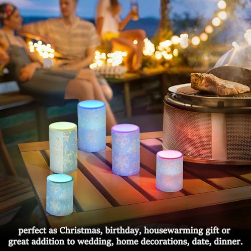 Image of Christmas Lights Flameless Candles Snowflakes Iridescent Colors A Pillar Candles Set of 2 Battery Operated Remote Control Warm Lights Home Decor