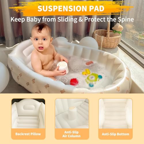 Image of HSR Inflatable Baby Bathtub with Built-in Air Pump, Newborn to Toddler Bath Tub 0-36 Months, Portable Travel Shower Basin with Back Support, Deflates and Folds Easily (0-36 Months)