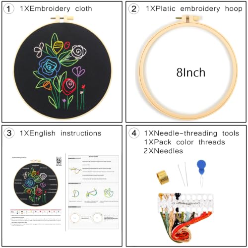 Image of Flowers Embroidery Kits for Adults Beginners, Embroidery Starters Kit, Floral Stamped Cross Stitch Kits Needlepoint Kits for for Beginners Adults Valentine's Day Gifts, Embroidery Hoop, Video Tutorial